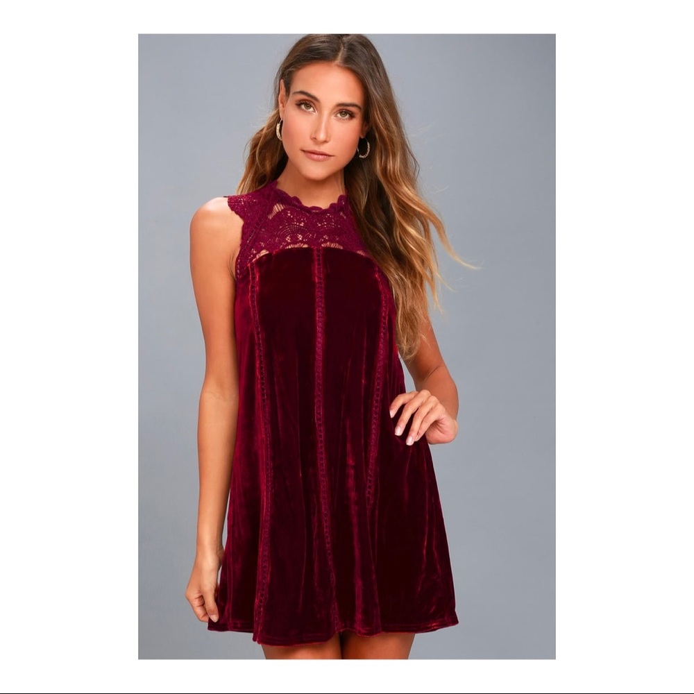 Lulus who’s who burgundy crocheted lace velvet shirt dress